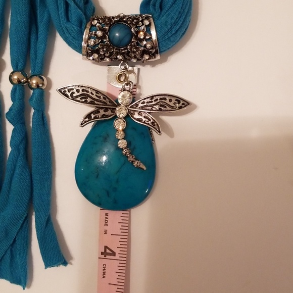 Turquoise Jeweled Dragonfly Fringe Scarf - Picture 7 of 7